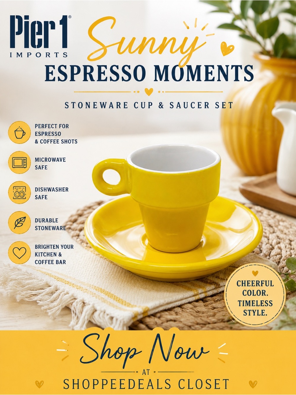 Pier 1 Imports Yellow Stoneware Espresso Cup & Saucer Set